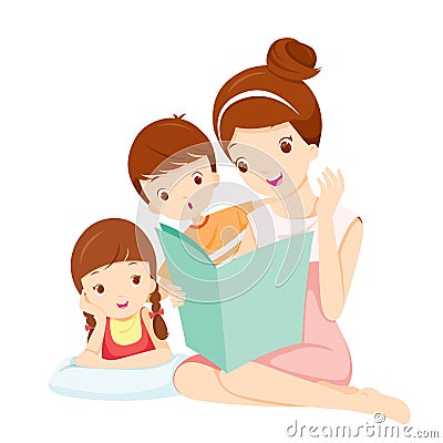Mother Reading Tale Book To Daughter And Son Vector Illustration